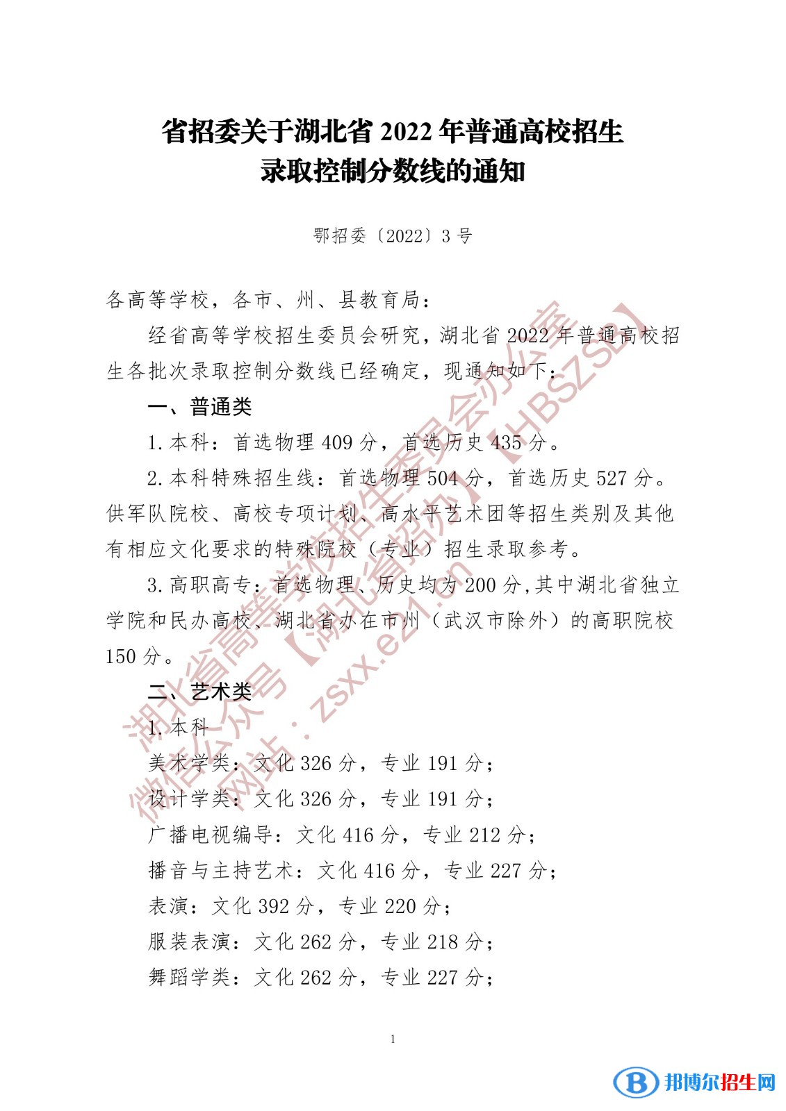 2022湖北高考分?jǐn)?shù)線一覽表（本科、專科）